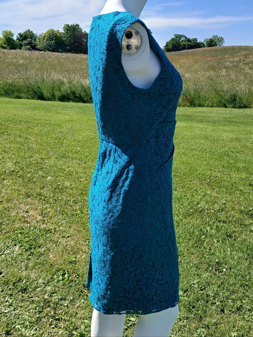 Adrianna Papell Teal Lace Sleeveless Sheath Dress Ruched Cocktail Evening size 4 - Picture 9 of 10